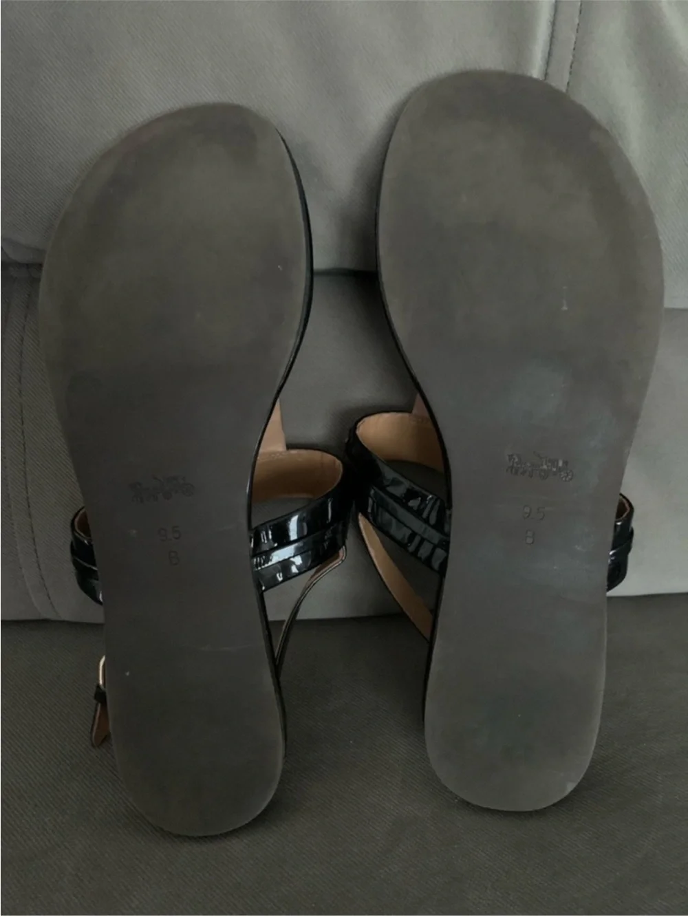 Coach Black Patent Leather T-Strap Sandals with Gold Hardware